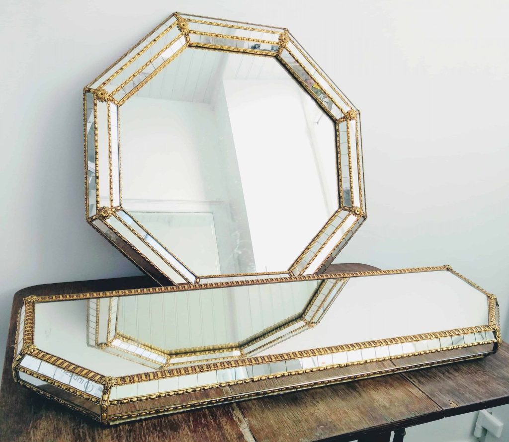 Vintage Italian Entry Hall Gold Metal Trimmed Octagonal Mirror Console And Shelf circa 1980-90’s