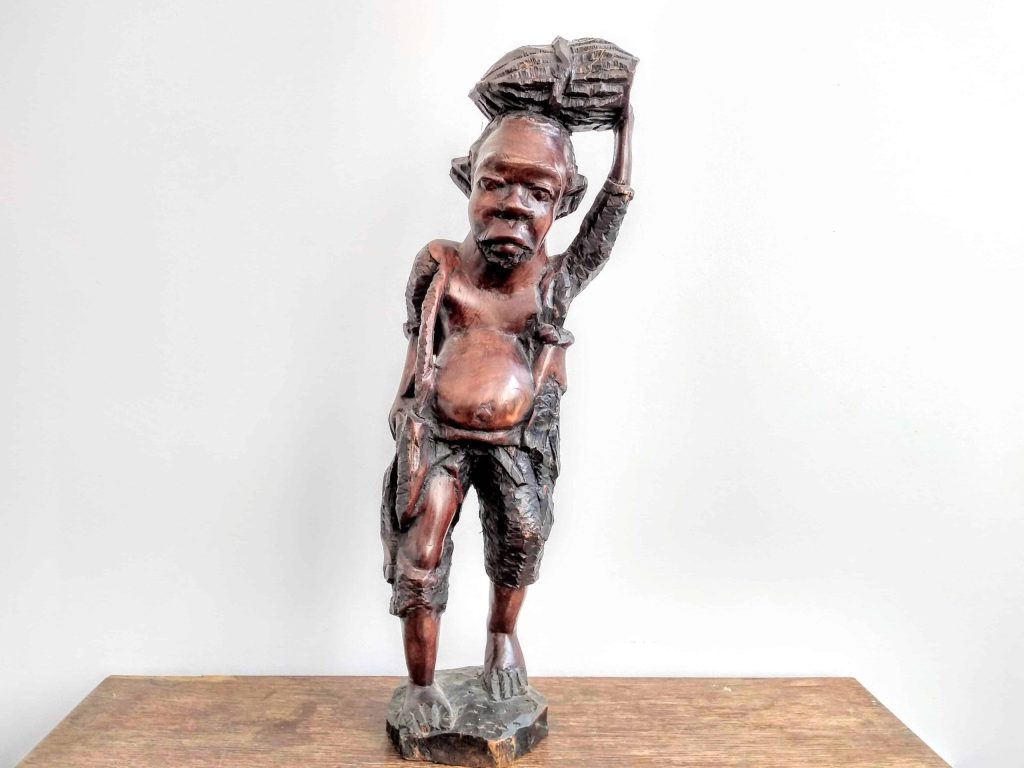 Vintage African Man With Basket Wood Wooden Decorative Ornament Figurine Decorative Africa Art Sculpture Carving c1970-80’s 3