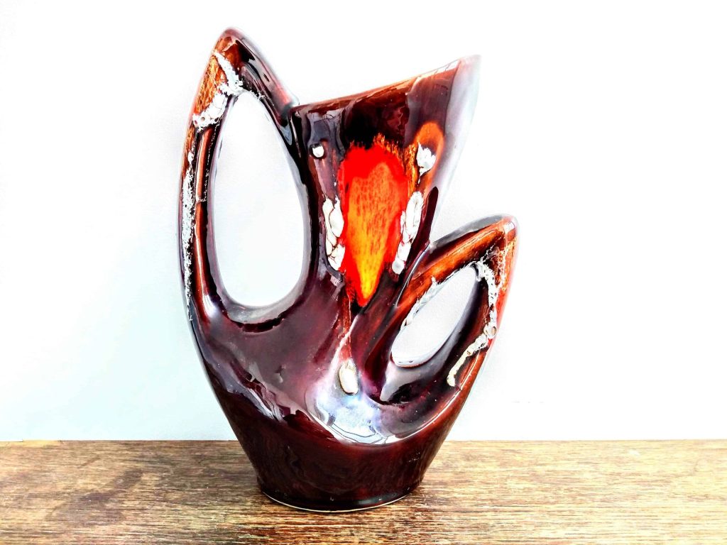 Vintage French Ceramic Brown Orange Red Flower Display Vase Twin Handled Mid-Century Modern circa 1960-70’s 3