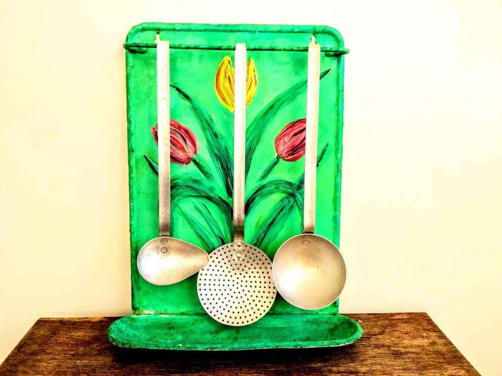 Vintage French Painted Aluminium Metal Spoon Tool Hanging Rack Kitchen Storage Display Drip Tray Wall Hanging circa 1940-50’s