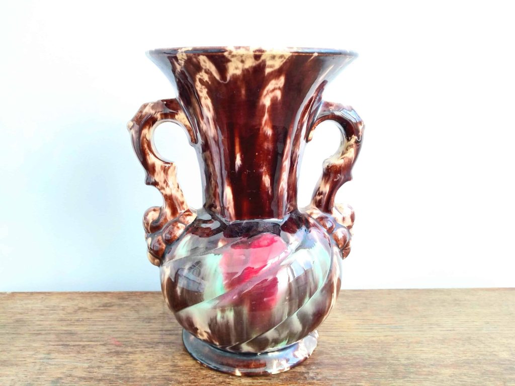Vintage French Ceramic Brown Green Red Flower Display Vase Twin Handled Mid-Century Modern circa 1950-60’s