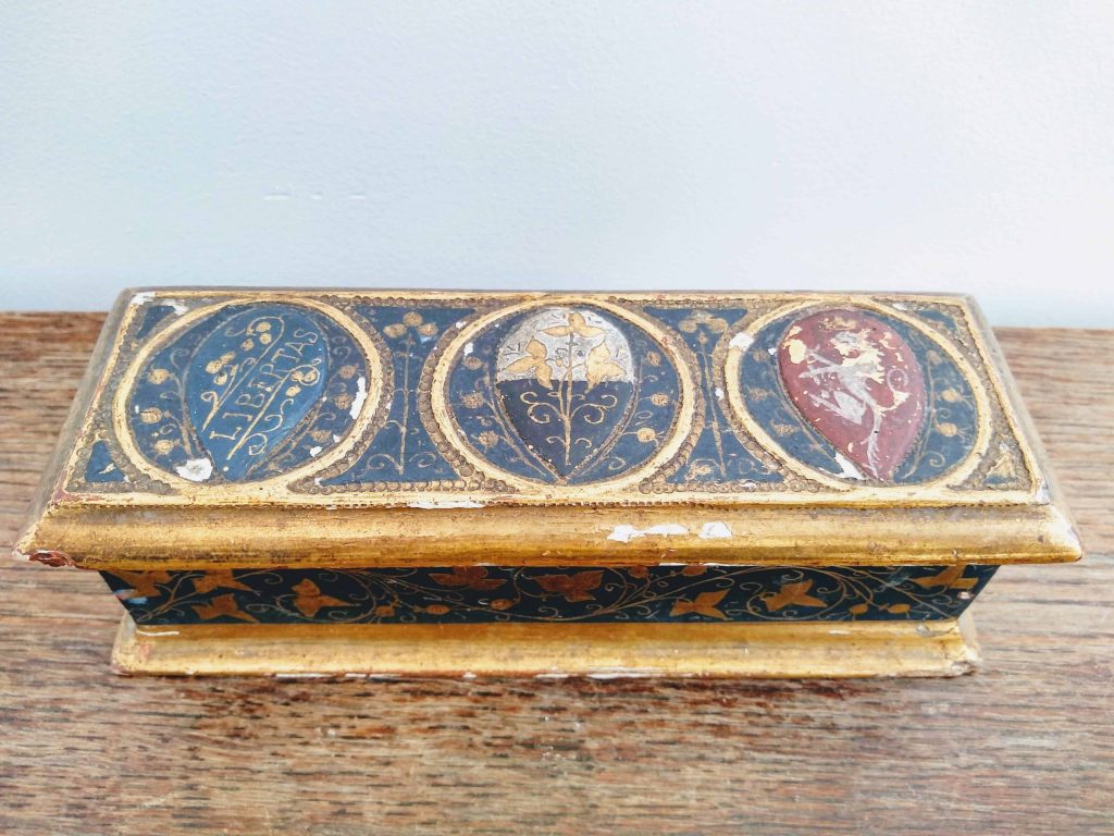 Vintage French Wooden Wood Stamp Box Dispenser with lid writing desk desktop office hand painted circa 1950-60's