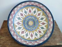 Vintage Moroccan large white green blue yellow red pottery stoneware plate dish wall hanging display circa 1960-70's