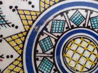 Alternative view of Vintage Moroccan large white green blue yellow red pottery stoneware plate dish wall hanging display circa 1960-70's