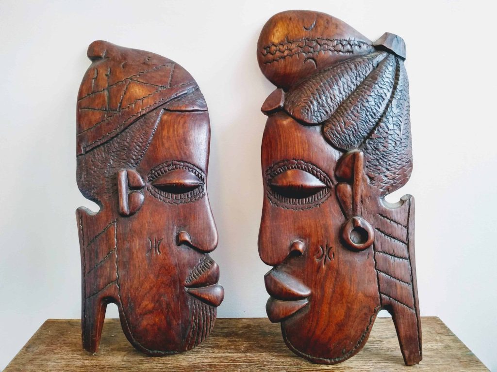 Vintage African Man Lady Figurine Statue Primitive Art Carving Wooden Wood Ornament Decorative Display African c1970-80’sop