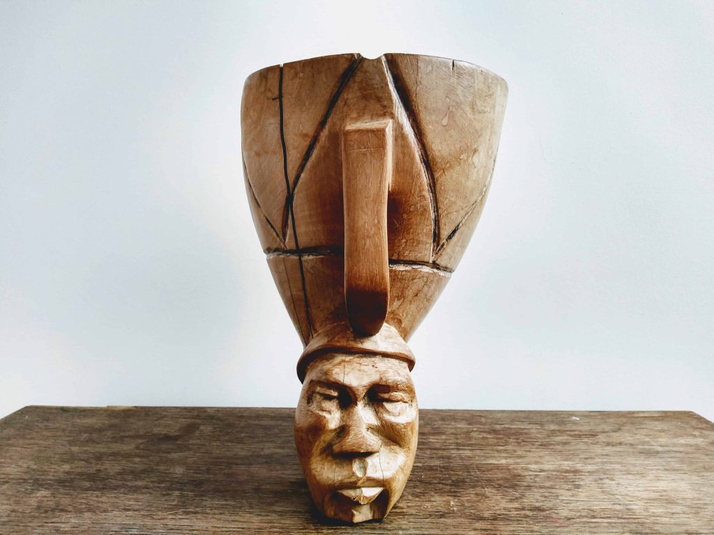 Vintage Ethnic Man Sleeping Awake Bust Primitive Art Carving Wooden Wood Cup Mug Chalice Decorative Display c1960-80’sop 3