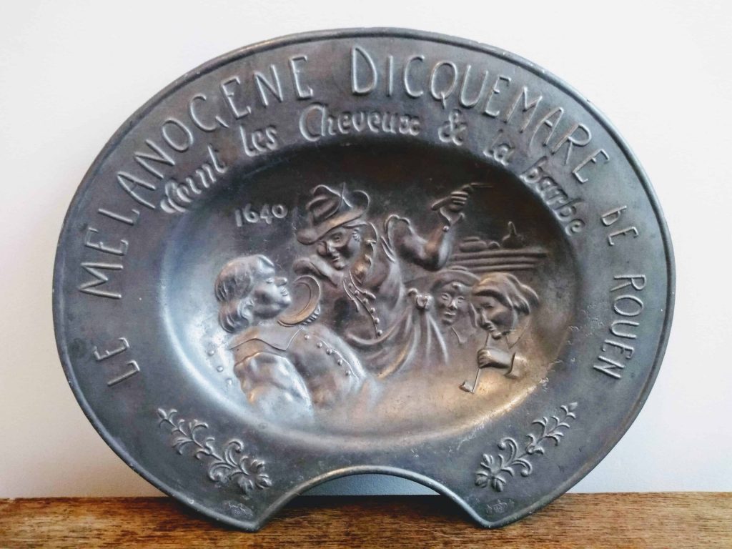 Vintage French Reproduction Shaving Pewter Plate Bowl Le Melanogene Dicquemare Rouen Barber Cut-Throat Razor circa 1970-90’s 3