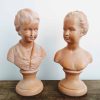 Vintage French Boy and Girl Slate Brown bust statue figurine plaster pair circa 1930-40's
