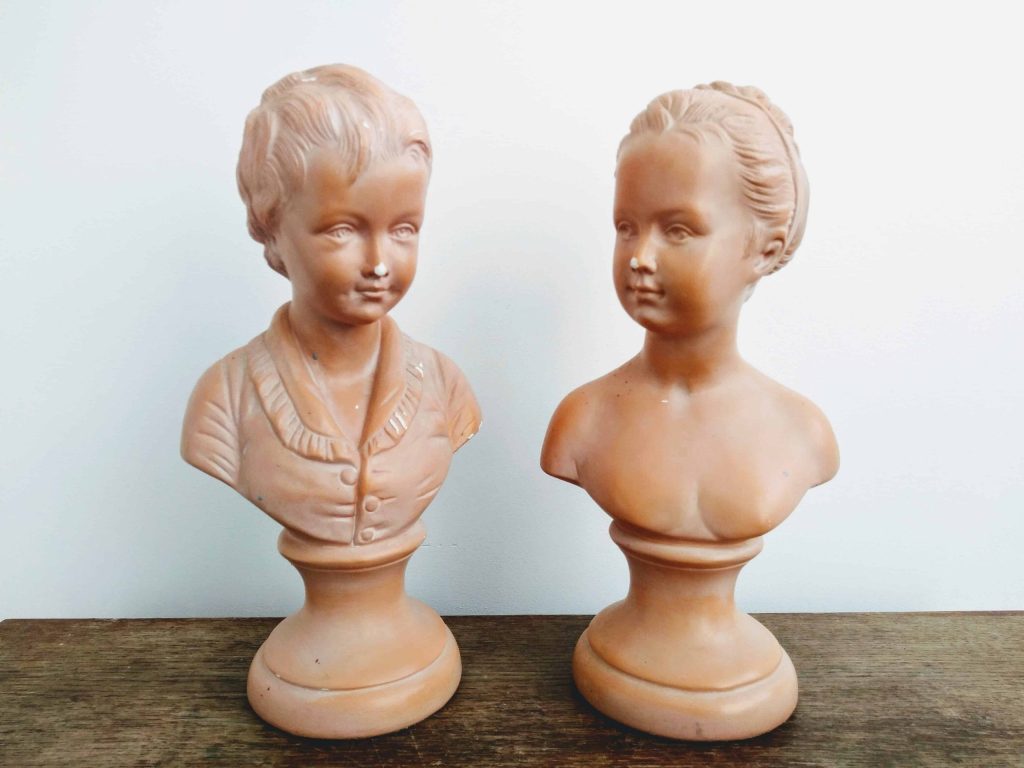 Vintage French Boy and Girl Slate Brown bust statue figurine plaster pair circa 1930-40’s 3