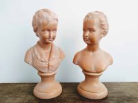Vintage French Boy and Girl Slate Brown bust statue figurine plaster pair circa 1930-40's