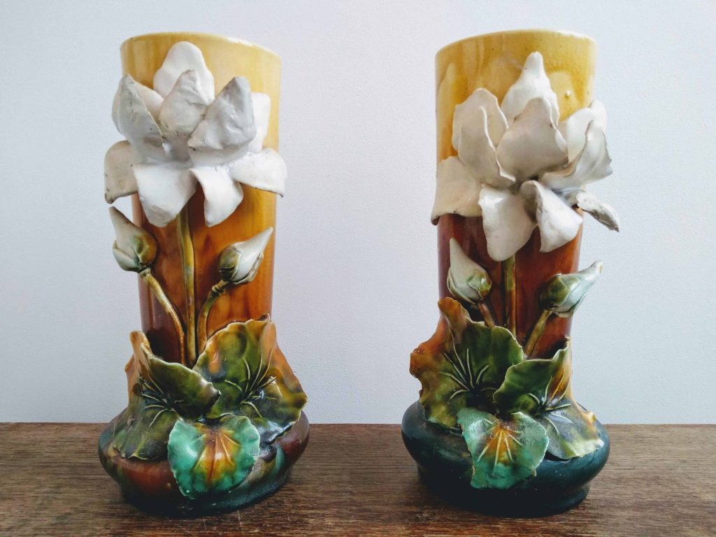 Vintage French Water Lily Lillies Flower Pair Of Vases Blue White Brown Gold 3D Ceramic Vase Vases Pots Pot circa 1920’s