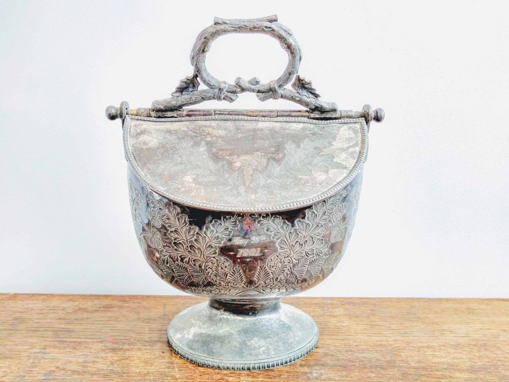 Antique English Silver Plate Metal Ornate Double lidded Sugar Serving Bowl Caddy Dish Holder circa 1900’s