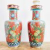 Vintage Chinese Cloisenee Cloisonne Adapted Lamp Pair Vase brass rimmed enamelled plant pot urn display decorative c1950-60's
