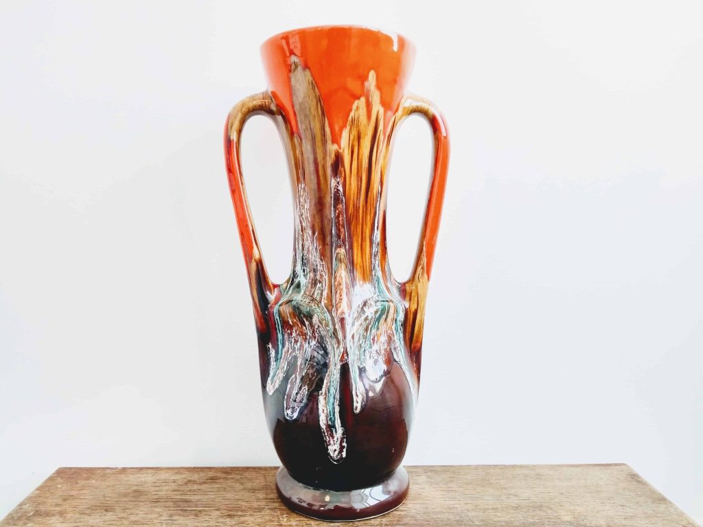 Vintage French Ceramic Brown Orange Red Flower Display Vase Twin Handled Mid-Century Modern circa 1960-70’s