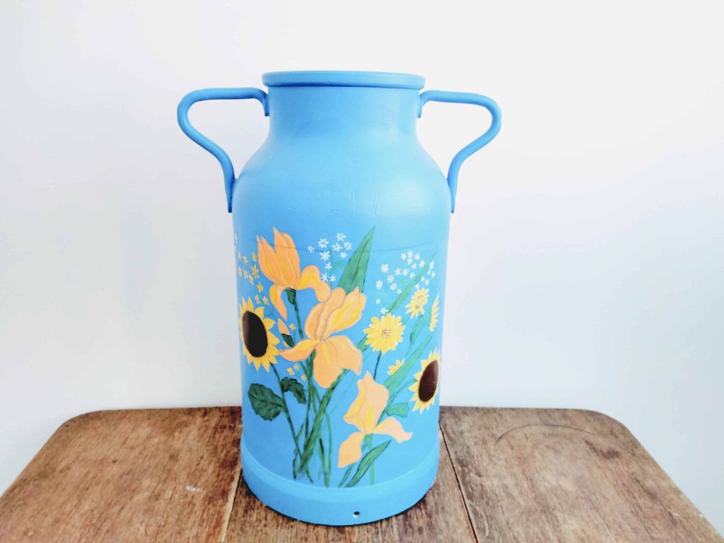 Vintage French Milk Churn Barge Art Painted Umbrella Stick Flower Display Stand Vase Planter Sunflowers c1980’s