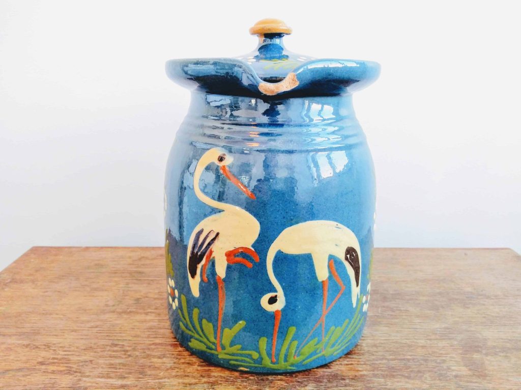 Vintage German Blue Stork Pottery Stoneware Jug Pitcher Decanter Milk circa 1940-50’s