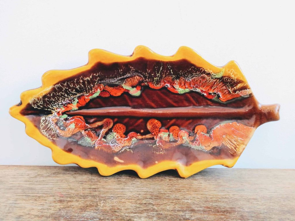 Vintage French Ceramic Brown Orange Leaf Styled Red Large Fruit Bowl Dish Platter Plate Display Mid-Century Modern c1960-70’s
