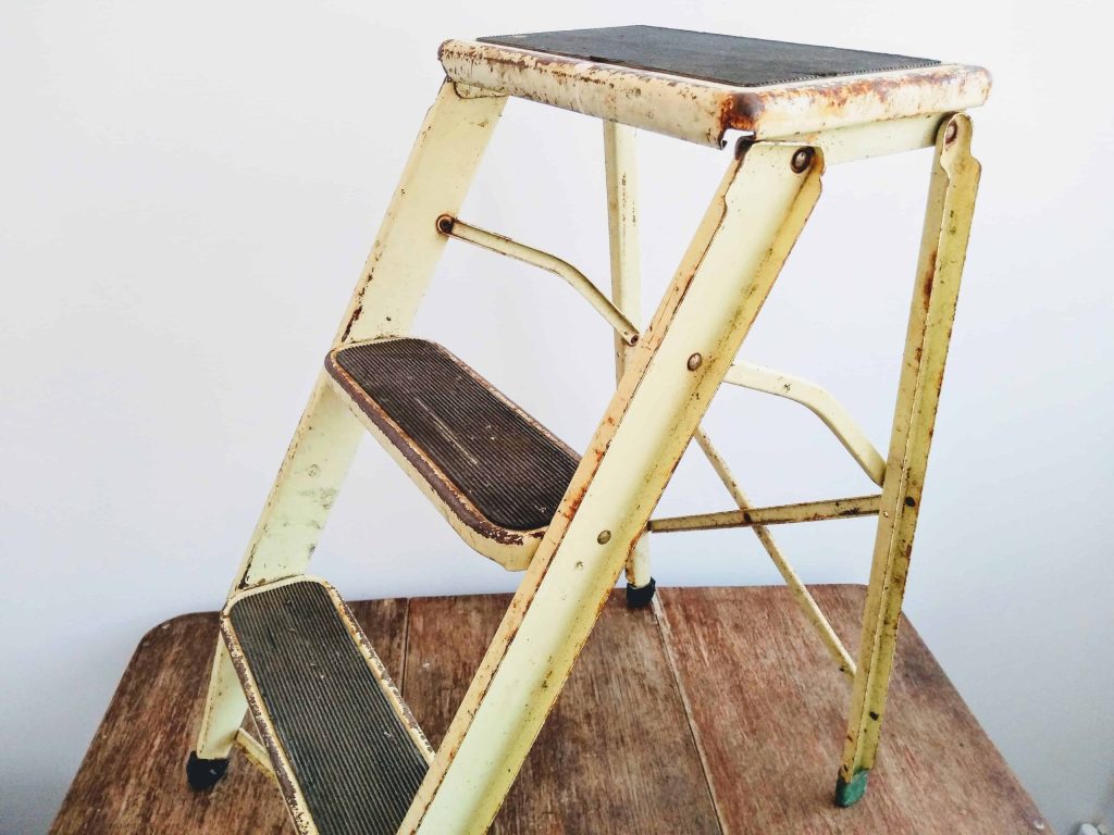 Vintage French Metal Yellow Rusty Stepladder Steps Step Ladder Display circa 1960-70’s