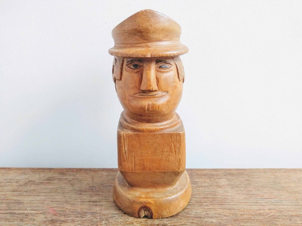 Vintage French Primitive Naive Hand Carved Wood Wooden Man In Hat figurine ornament statue carving circa 1960-70’s