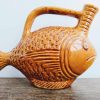 Vintage French Grumpy Fish Pottery Mustard Yellow Glazed Vase Jug Handled Bottle Mid-Century Modern circa 1960-70's