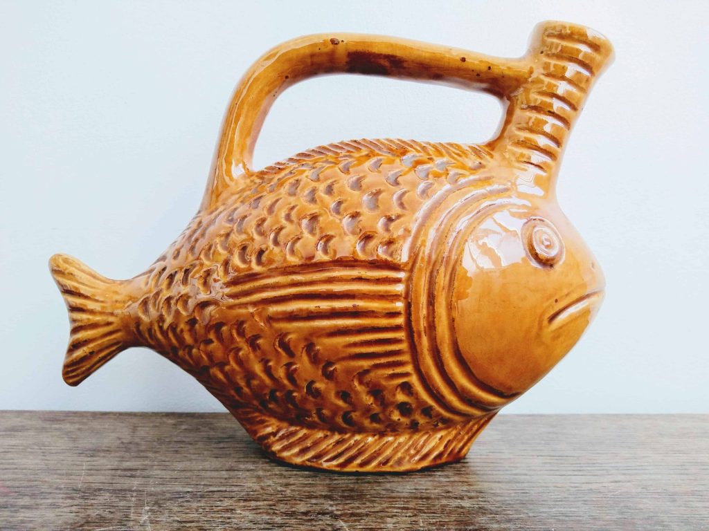Vintage French Grumpy Fish Pottery Mustard Yellow Glazed Vase Jug Handled Bottle Mid-Century Modern circa 1960-70's