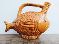 Vintage French Grumpy Fish Pottery Mustard Yellow Glazed Vase Jug Handled Bottle Mid-Century Modern circa 1960-70’s Vintage French Grumpy Fish Pottery Mustard Yellow Glazed Vase Jug Handled Bottle Mid-Century Modern circa 1960-70's