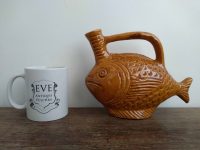 Alternative view of Vintage French Grumpy Fish Pottery Mustard Yellow Glazed Vase Jug Handled Bottle Mid-Century Modern circa 1960-70's