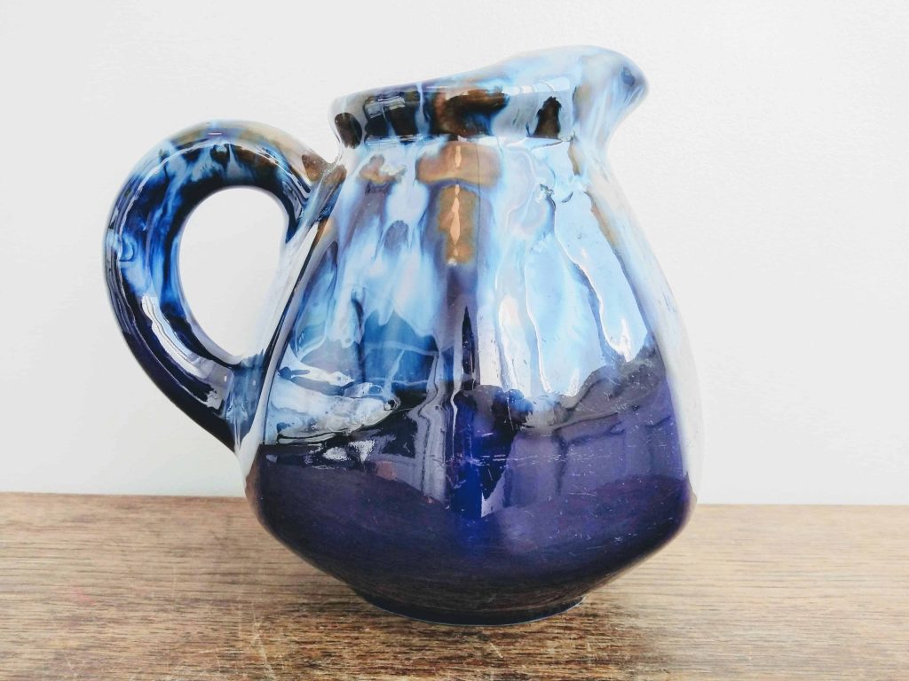 Vintage French Blue Ceramic Glazed Carafe Caraffe Milk Jug Handled Bottle Mid-Century Modern circa 1960-70’s