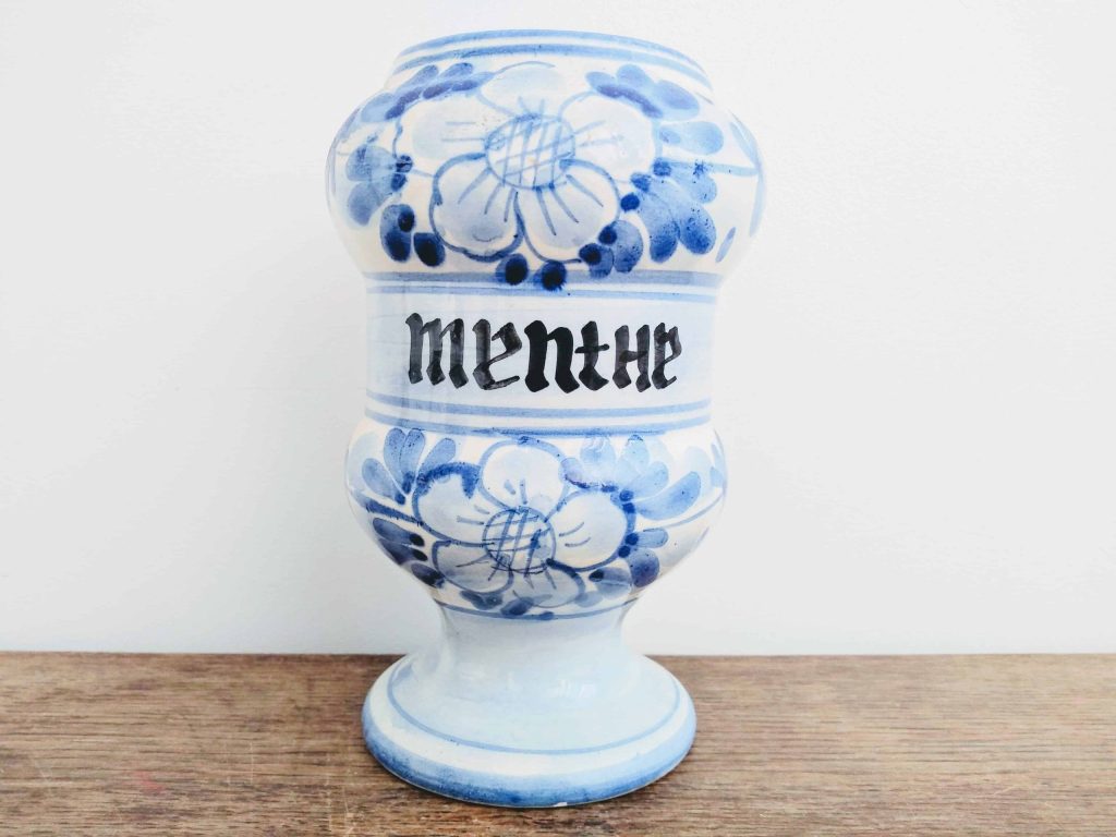 Vintage French apothecary jar Menthe Menthol Mint blue and white ceramic storage pot DAMAGED c1950’s