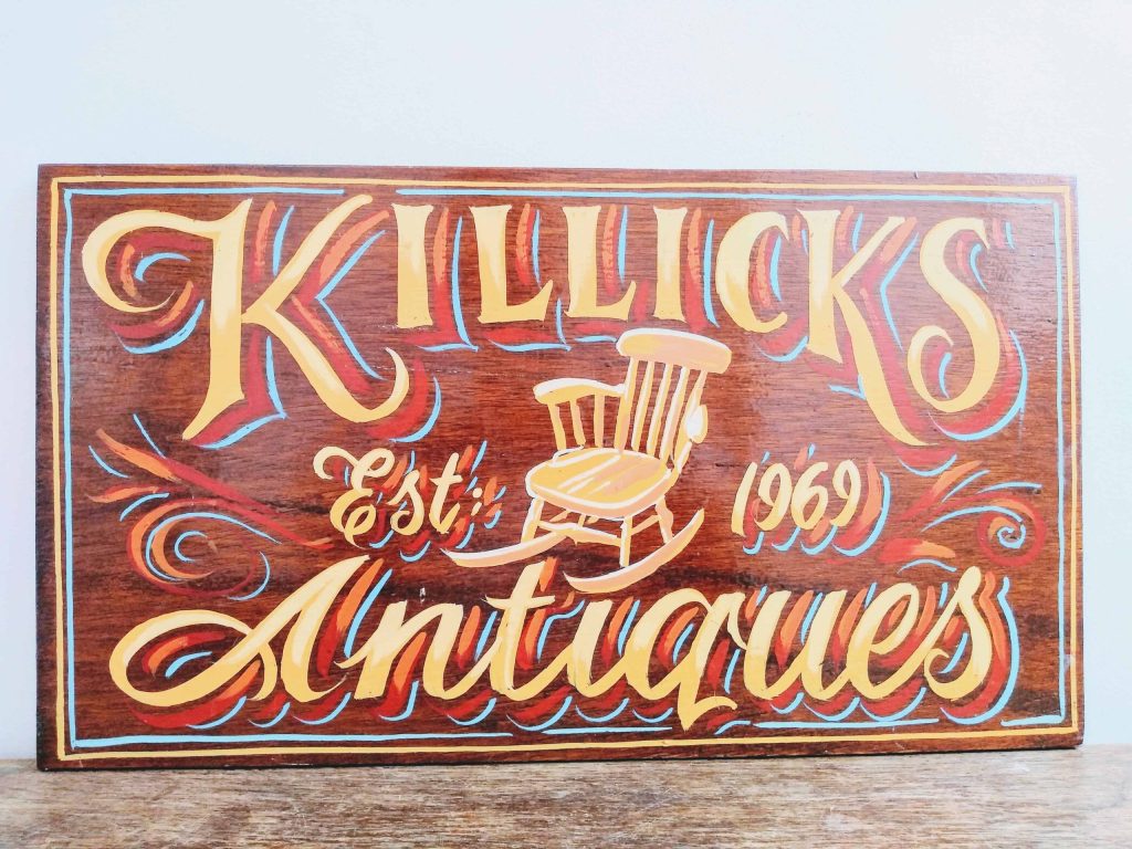 Vintage English Killicks Antiques Wooden Hand Painted Handpainted Shop Sign Display Advertising Man Cave Commercial c1990’s