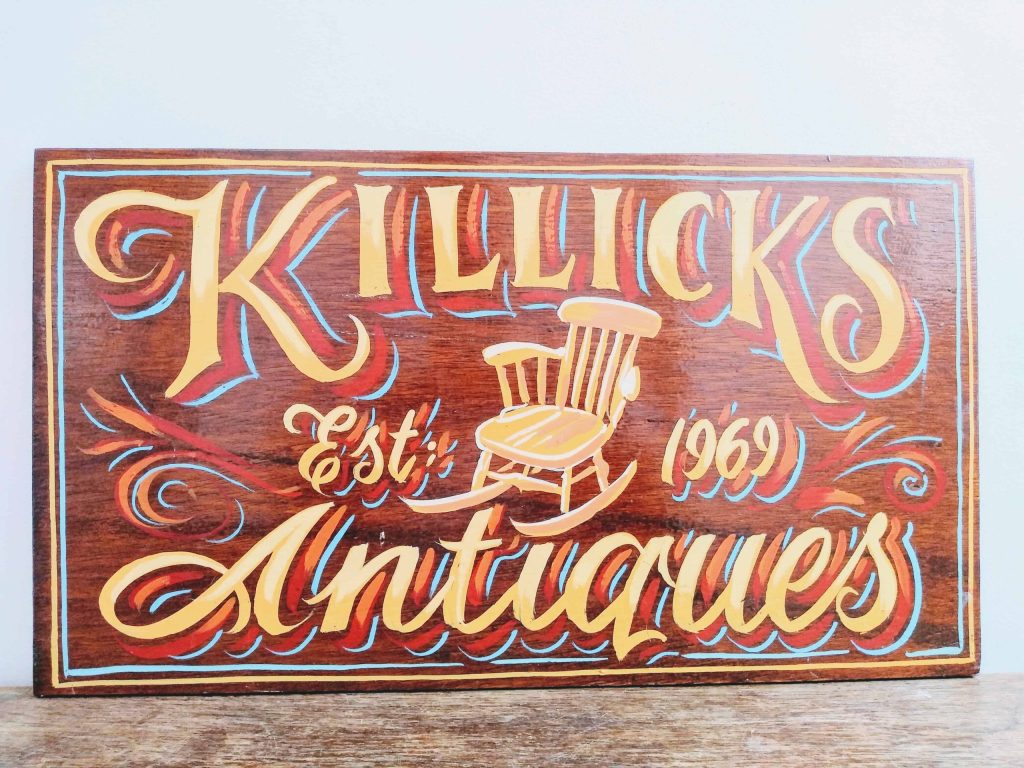 Vintage English Killicks Antiques Wooden Hand Painted Handpainted Shop Sign Display Advertising Man Cave Commercial c1990's