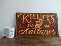 Alternative view of Vintage English Killicks Antiques Wooden Hand Painted Handpainted Shop Sign Display Advertising Man Cave Commercial c1990's