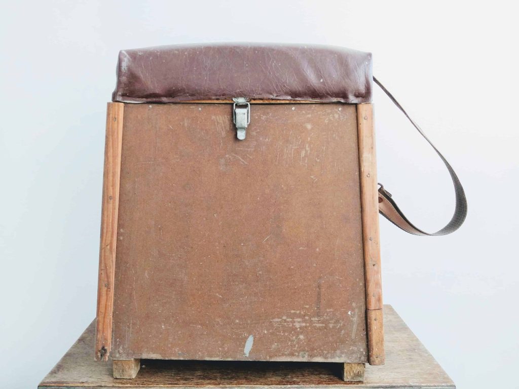 Vintage French home made wooden wood river seat fishing tackle painting storage box painting paints storage circa 1960's