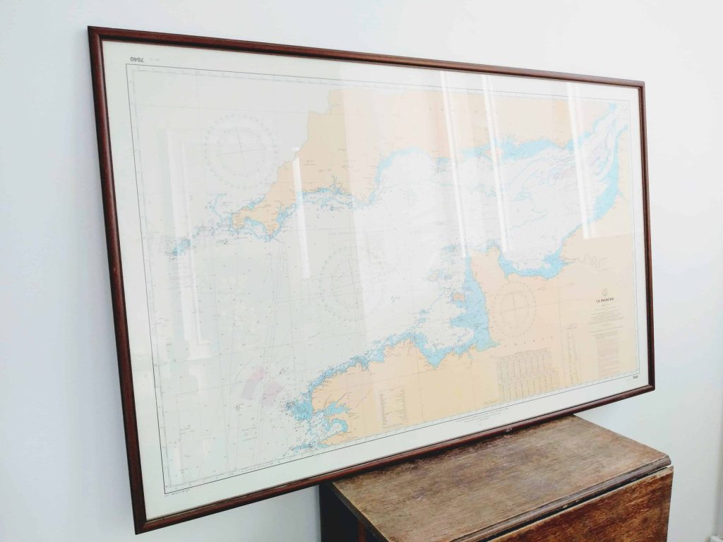Vintage French La Manche Northern France Southern England Framed Large Nautical Map Chart In Wooden Frame circa 1989 2