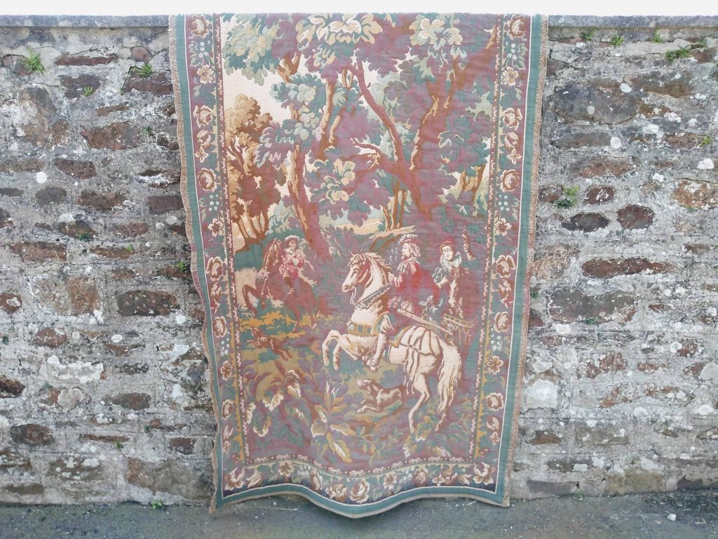 Vintage French Large Hunting Horseback Riding Scene Dog Woodland Tapestry Hanging Wall Decor Manoir Chateau circa 1910-20’s