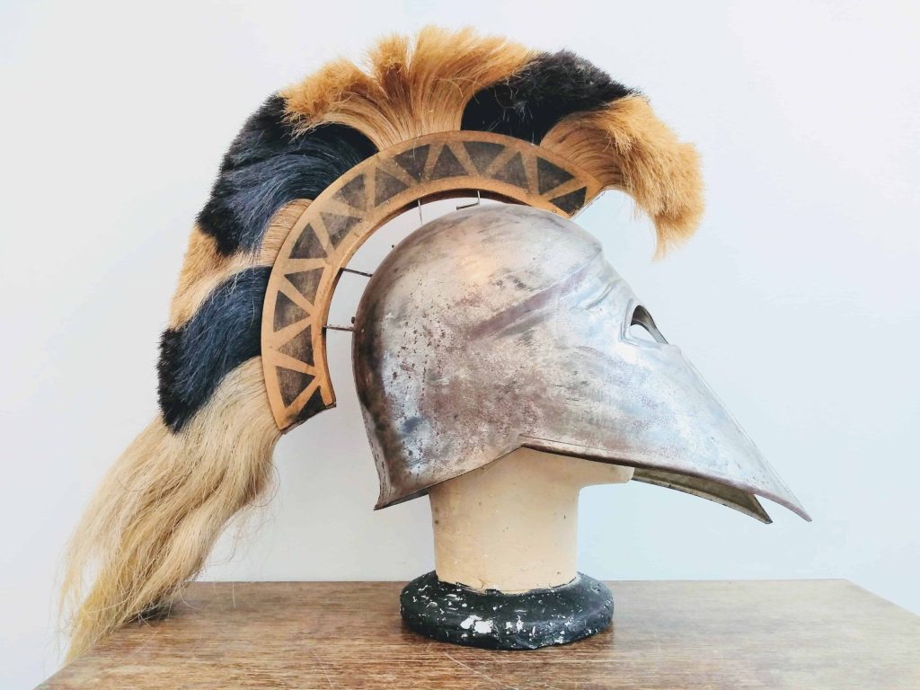 Vintage French Theatre Reproduction Greco-Roman Spartan Helmet Black Brown Crest Outfit Prop Re-enactment Display c1970-80’s