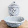 Vintage French Blue heavy small hand washing ceramic shell shaped sink lavabo hand basin toilet cloakroom plumbing c1950-60's