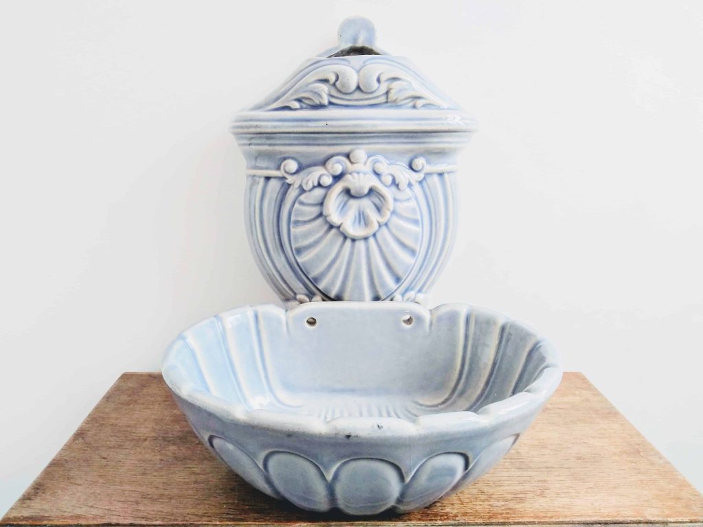 Vintage French Blue heavy small hand washing ceramic shell shaped sink lavabo hand basin toilet cloakroom plumbing c1950-60’s