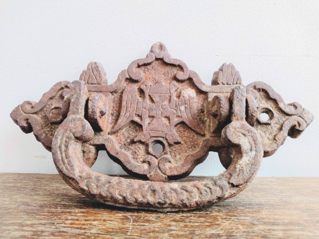 Antique French large ornately decorated winged emblem cast metal bronze door knocker knock handle pull circa 1900’s 3