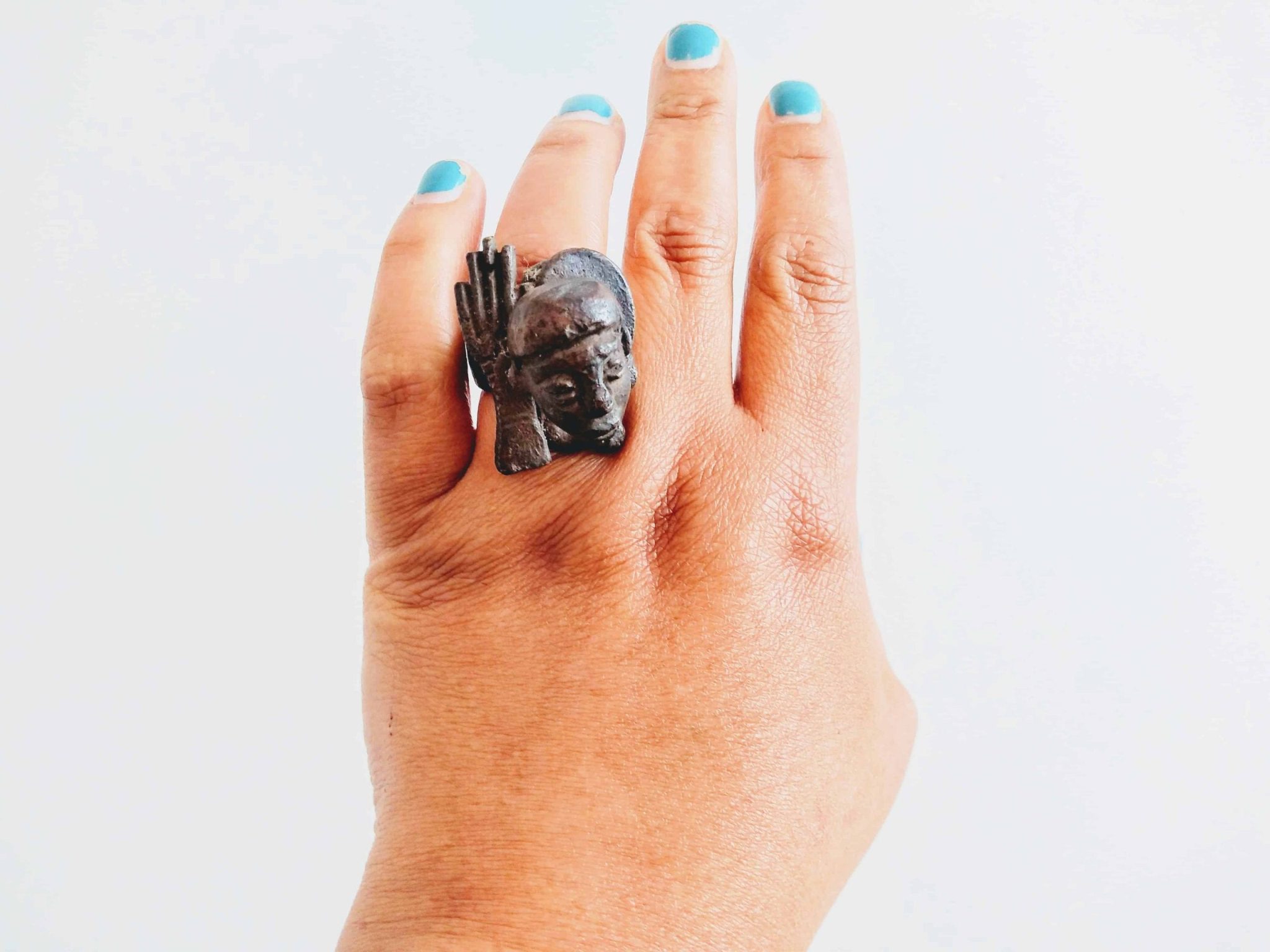 Vintage African Bronze Bust Head Face Finger Rings Primitive Tribal ...