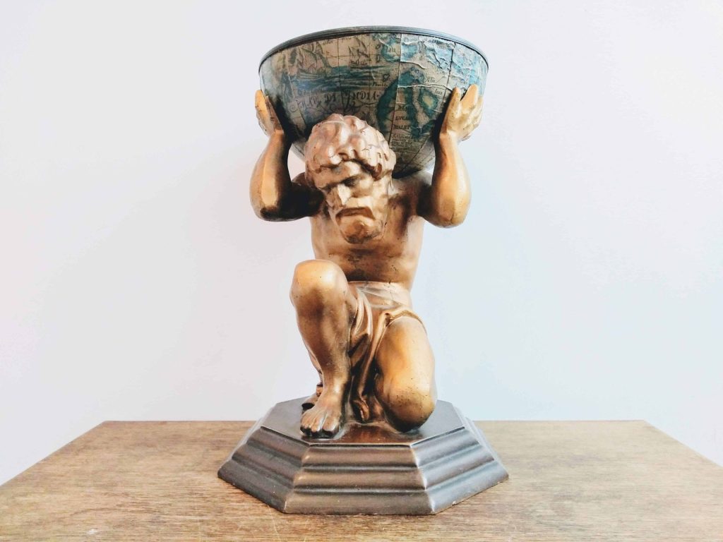 Vintage French Large Atlas God Carrying Half Globe Fruit Food Serving Display Bowl Dish Collection Holder Ornament c1960-70's