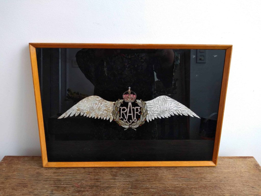 Vintage English RAF Royal Air Force Foil Mixed Material Logo Collage In Wooden Frame Unique Handmade Gift Award c1950-60’s