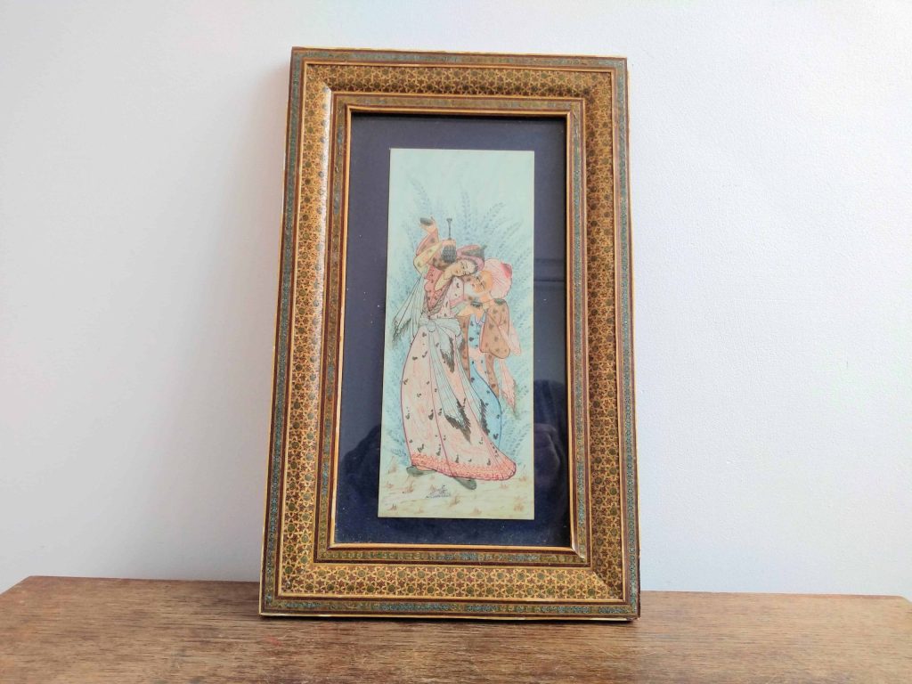 Vintage Mughal Mo Safamehr India Indian Style Lovers Miniature Painting Drawing wooden decorated picture frame c1950-60’s