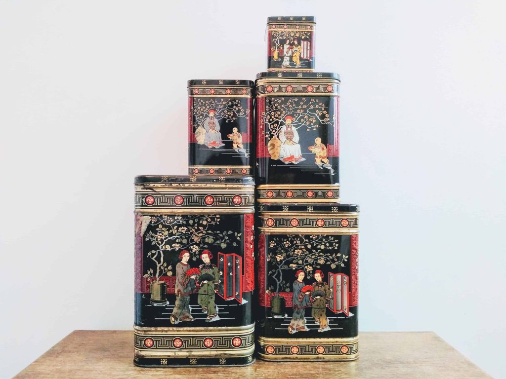 Vintage English Large Nesting Chinese Tea Tin Canister Set Of Five Stork Garden Ladies Scene Kitchen Storage Box c1970-80’s