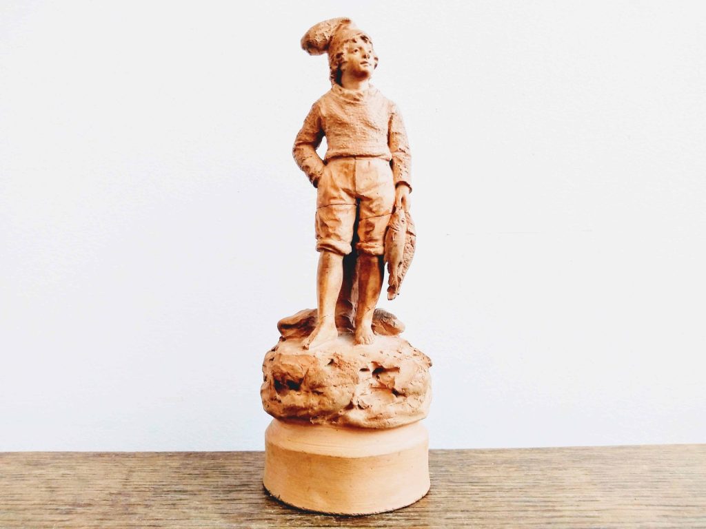 Antique French A. Blot Terre Cuite Terracotta Fisherman Boy Holding Fish Ornament Figurine circa 1890’s