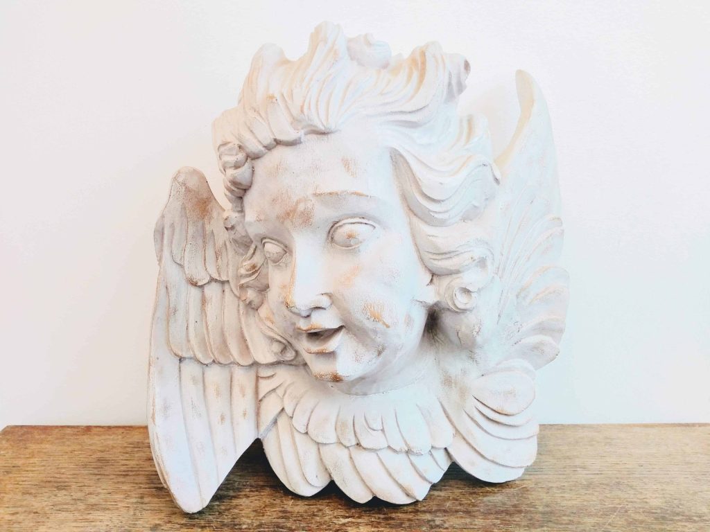 Vintage French Winged Angel Putti Bust Wall Hanging Wood Wooden decor shabby chic boy child memorial circa 1990’s