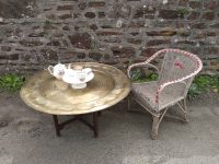Alternative view of Vintage Extra Large Moroccan Arabian Ornate Brass Tea Food Serving Table With Folding Legs circa 1960-70's