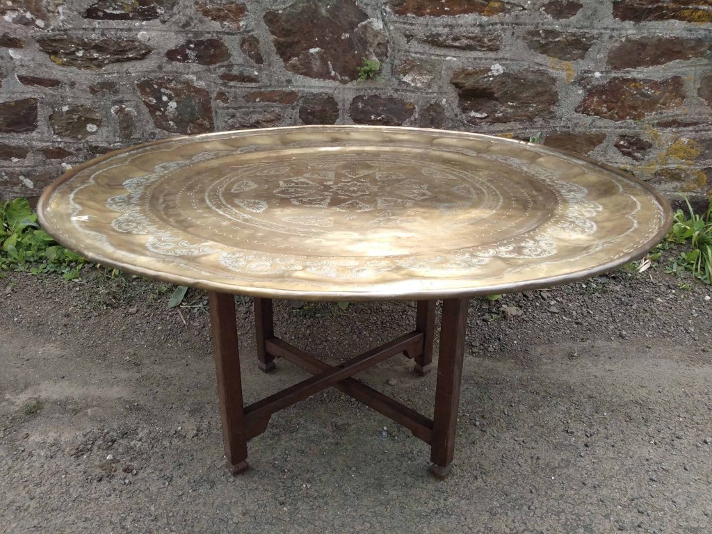 Vintage Extra Large Moroccan Arabian Ornate Brass Tea Food Serving Table With Folding Legs circa 1960-70’s