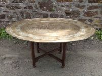 Vintage Extra Large Moroccan Arabian Ornate Brass Tea Food Serving Table With Folding Legs circa 1960-70's