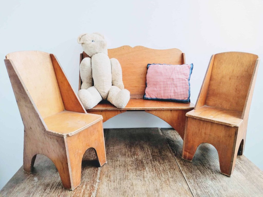 Vintage French doll furniture seat chairs and cot home made wooden set play pretend shop display circa 1970-80’s